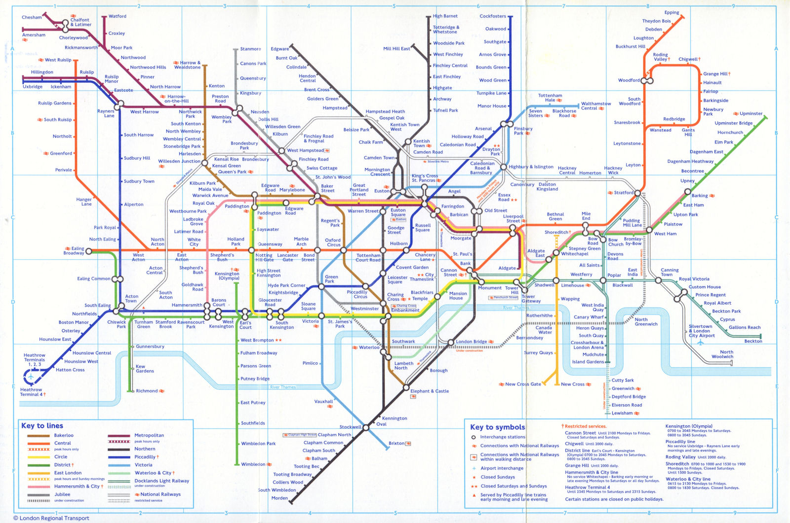 LONDON UNDERGROUND tube map Jubilee & DLR Lewisham u/construction. December 1998